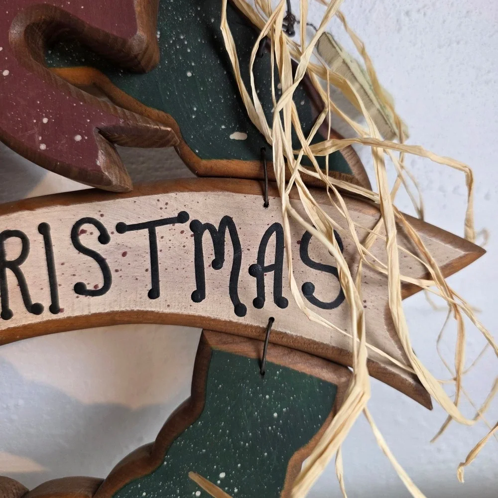 Rustic 90s Wood Merry Christmas Wreath Wall Door Hanging Country Green Bow